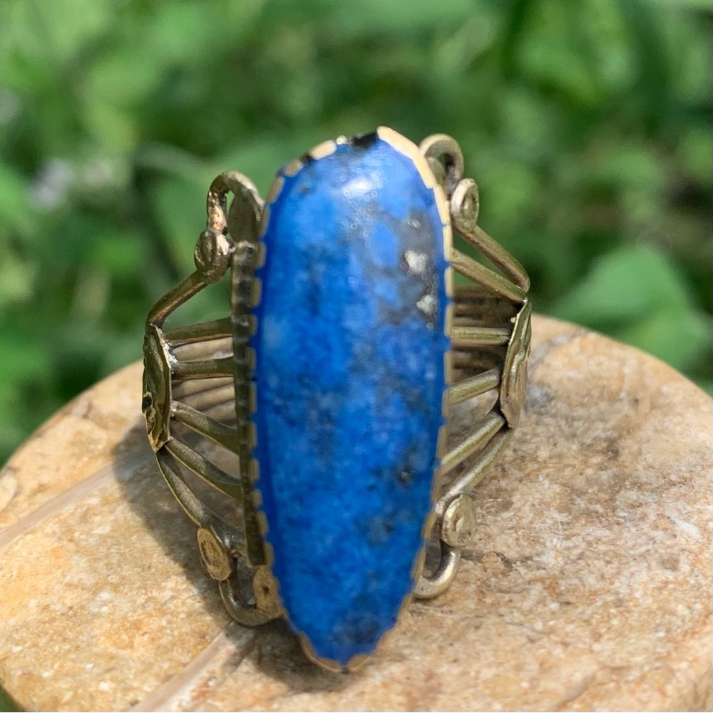 Vintage Afgan Lapis Lazuli Large Ring Sz 7 Tribal Native Elongated Cabochon Blue - Picture 3 of 16